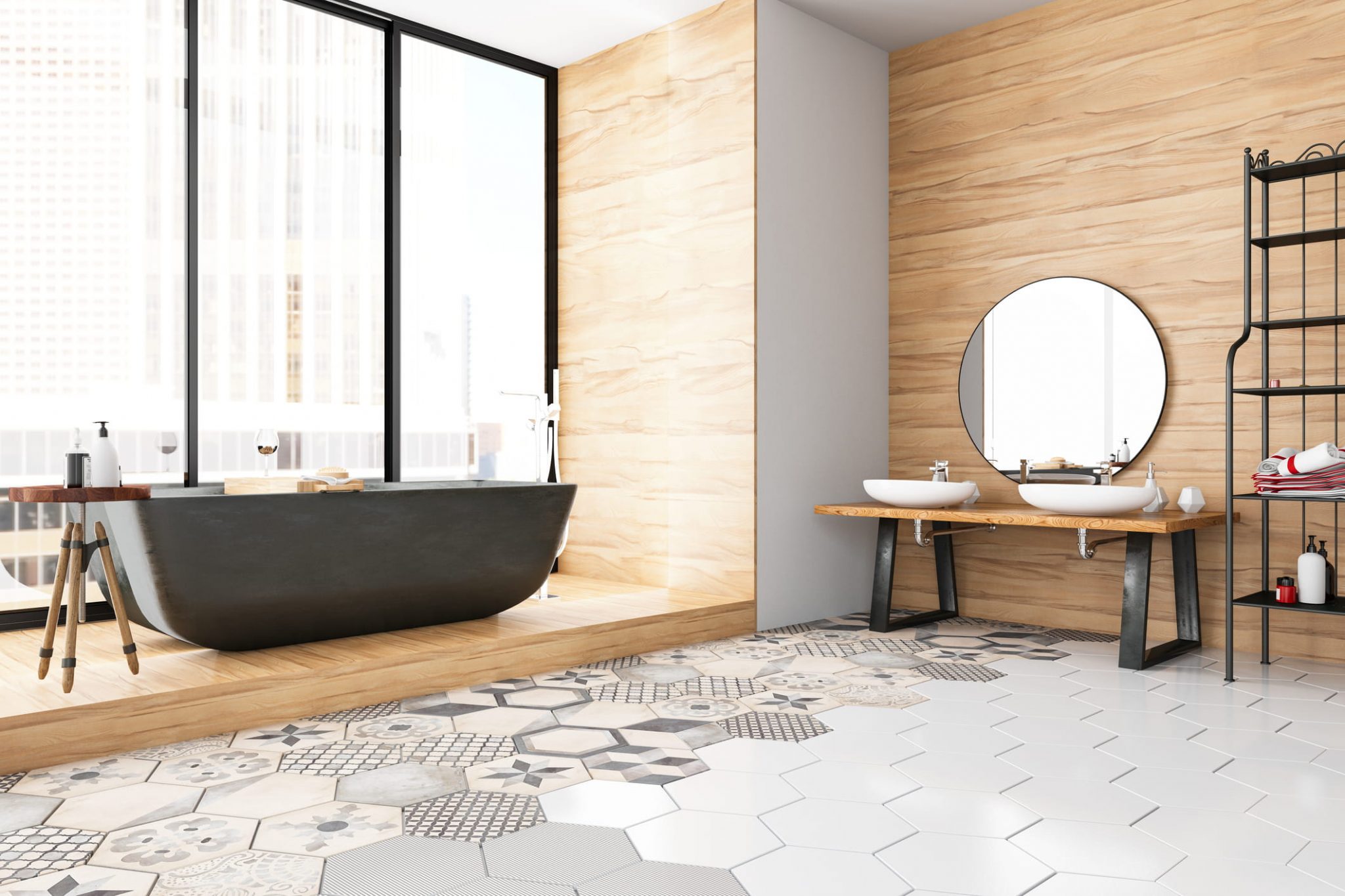 foto de banheiro com elementos marrons e claros e azulejo
