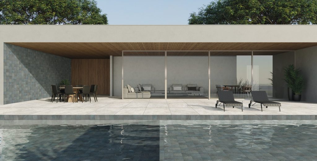 Ambiente externo de uma casa com piscina