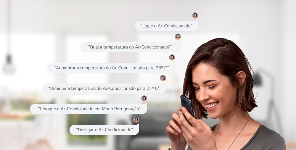 mulher controlando as funcionalidades do ar-condicionado pelo google assistente ou alexa