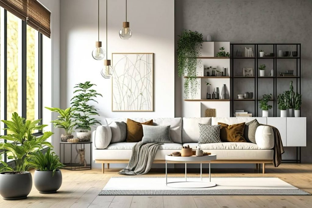 visão de uma sala de estar com vasos de planta em cima dos móveis 
