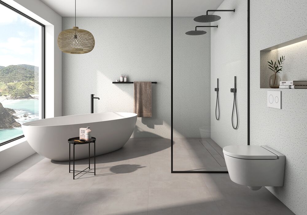 banheiro rústico com porcelanato cinza
