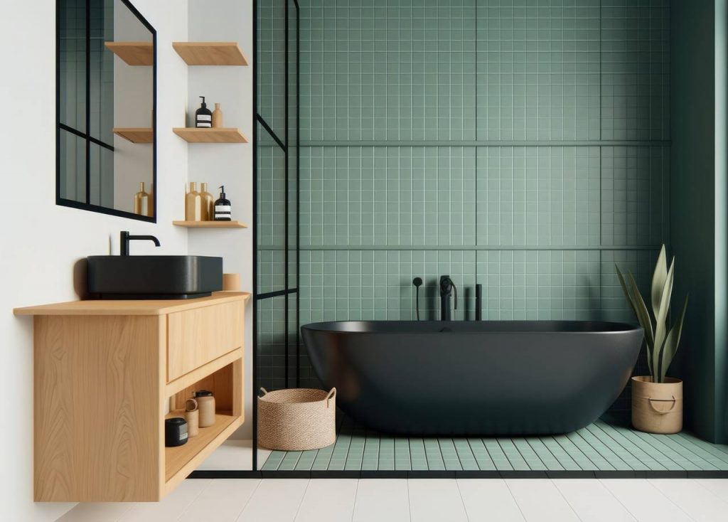 Banheiro clean com contraste de cores escuras e amadeiras 