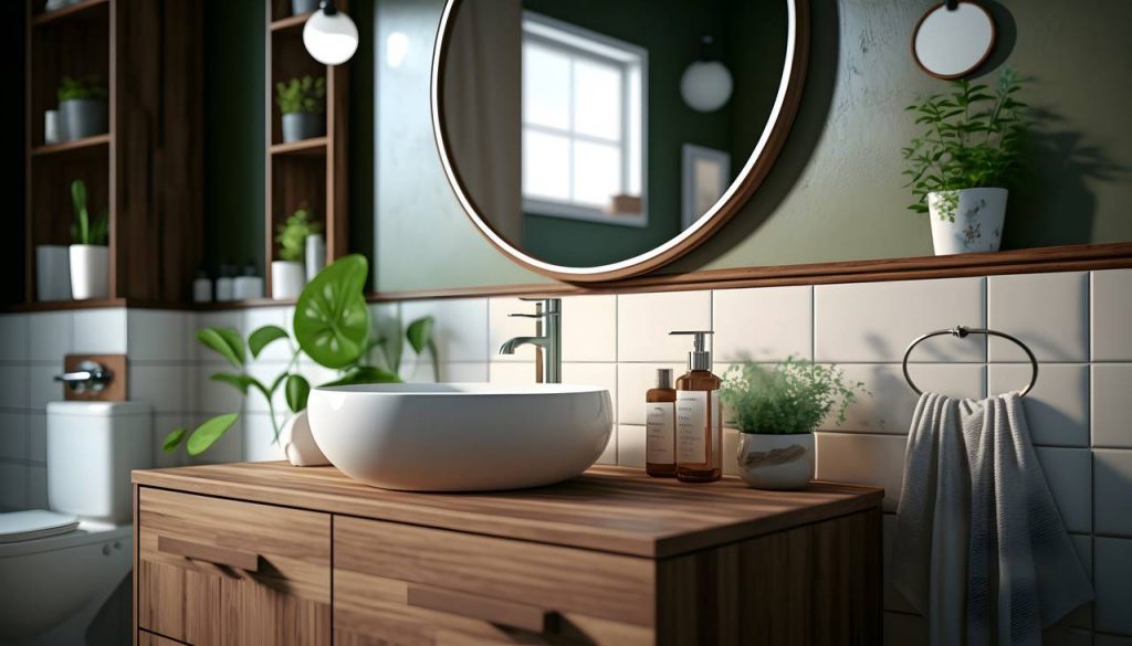 Banheiro rústico com madeira e cuba de sobrepor branca