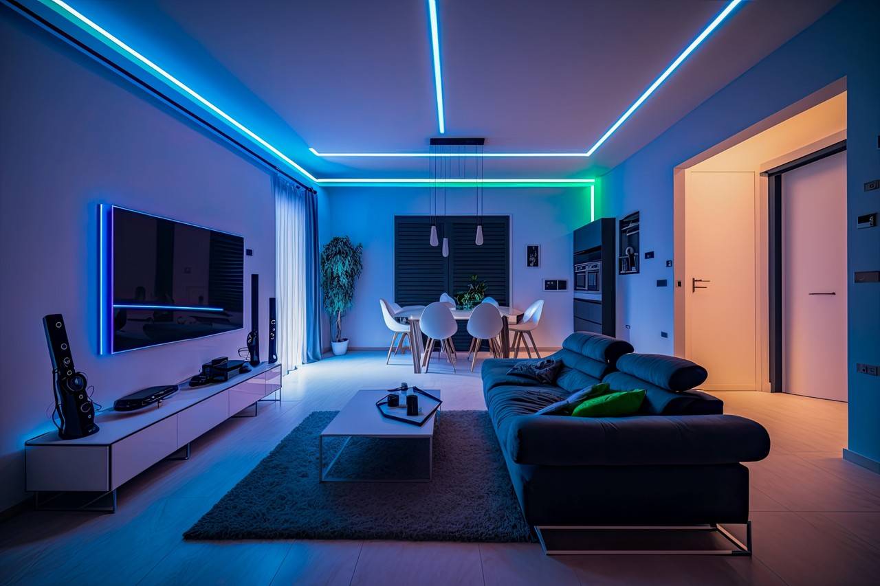 Sala de estar com iluminação do ambiente em leds