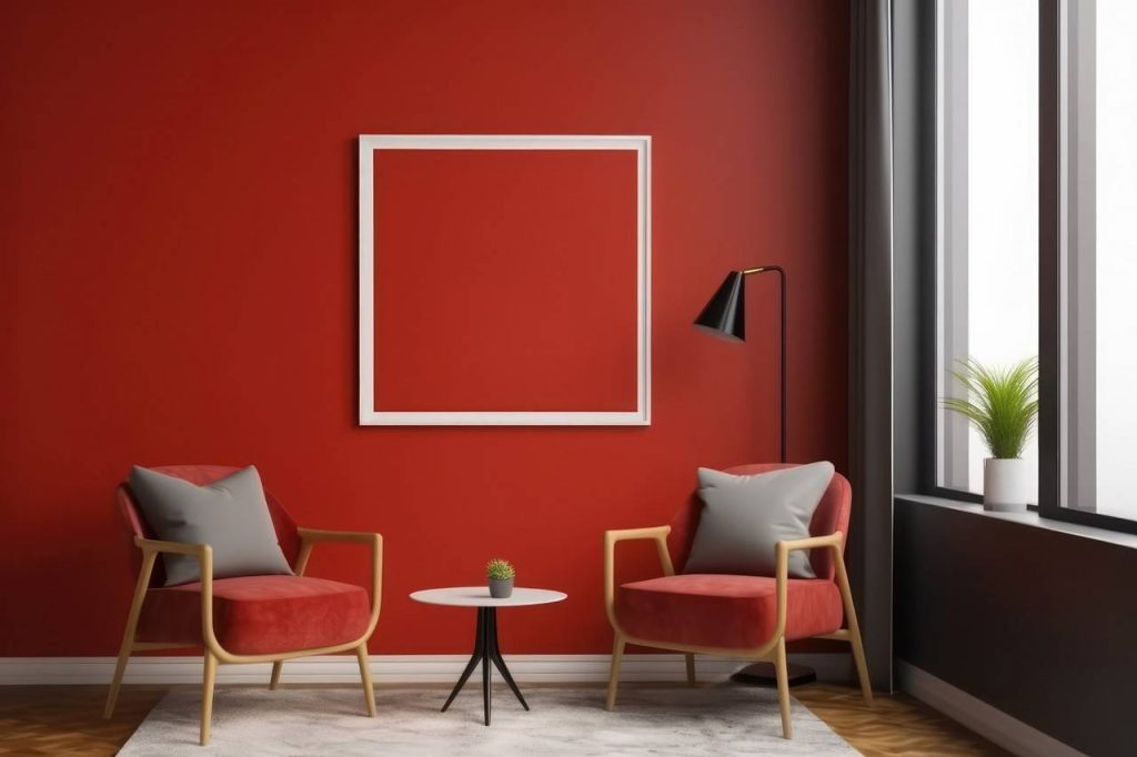 Ambiente com poltronas em vermelho e parede na cor vermelha