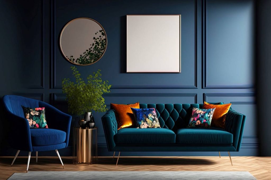 Ambiente com a paleta de cor azul, com sofá e parede com cor azul