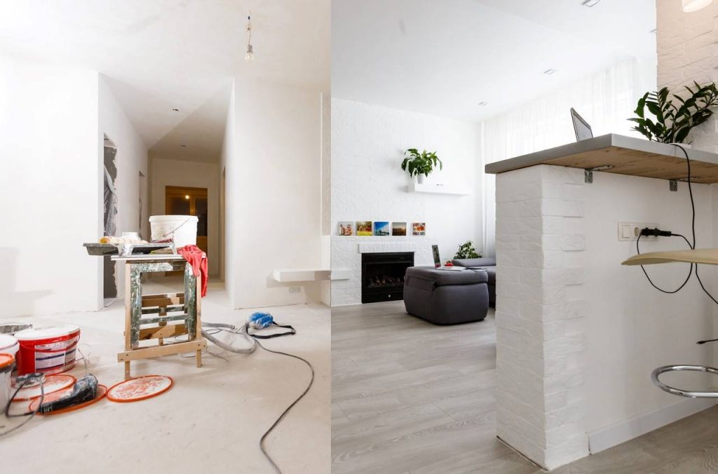 Imagem de um antes e depois de uma reforma no cômodo de uma casa 