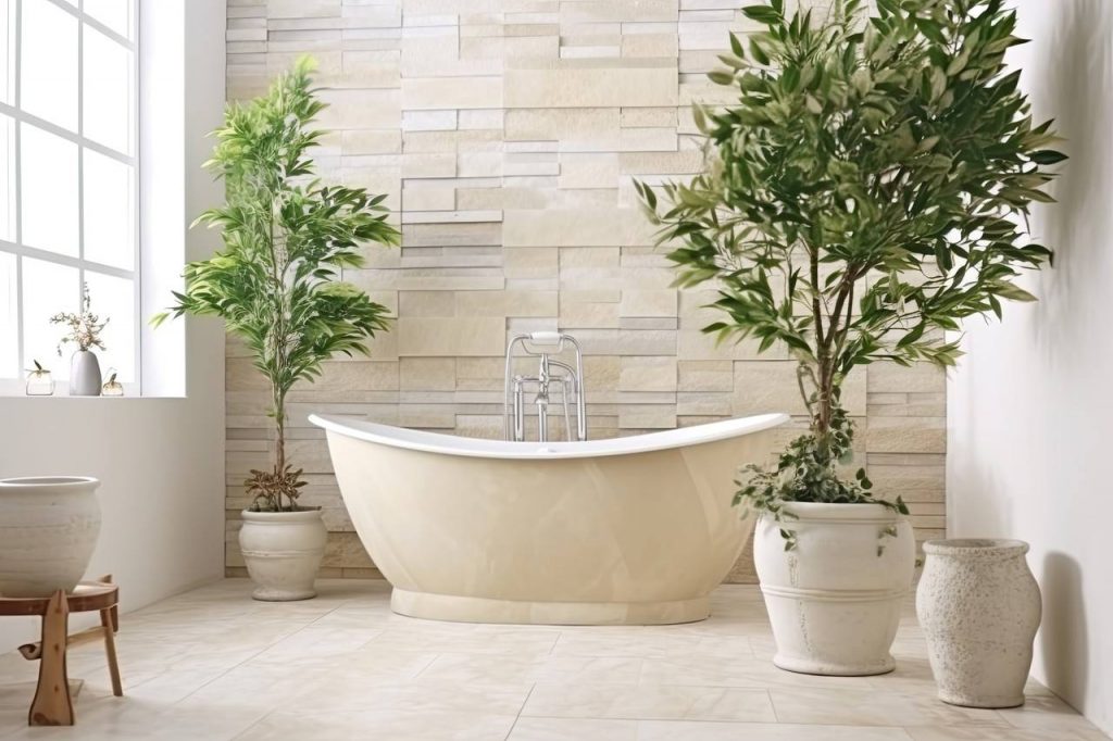 Banheiro com parede de corada com pedras naturais branca