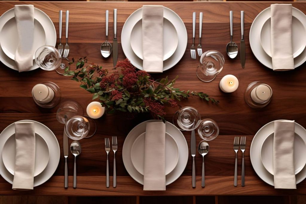 Mesa de jantar escura com pratos e talheres brancos e decoração com flores e velas