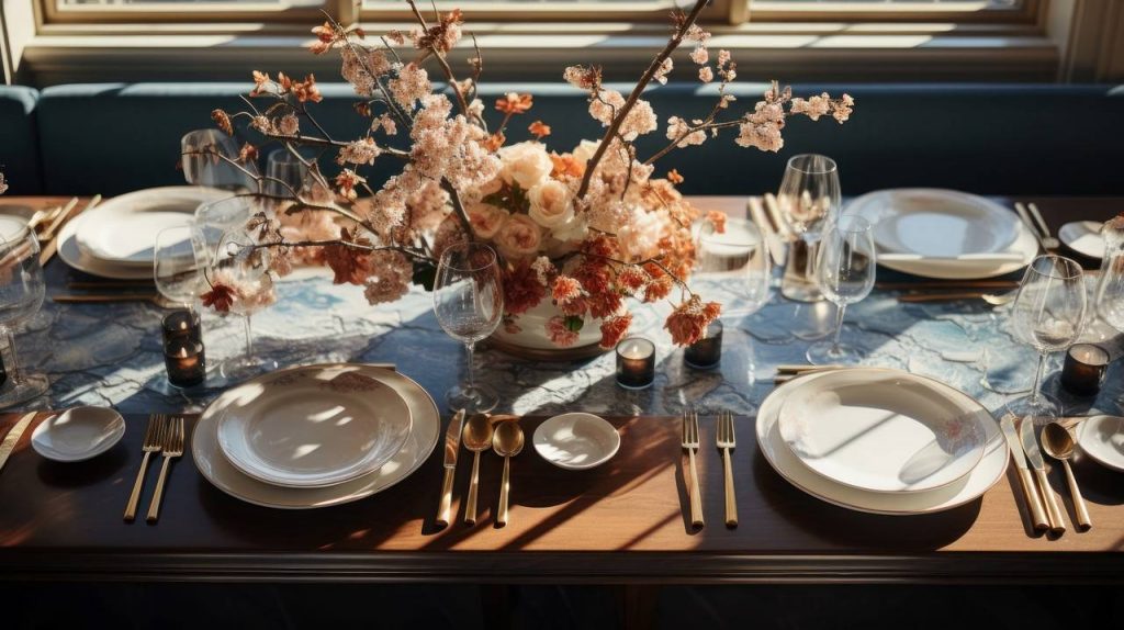 Mesa de jantar com decoração romântica e cores suaves e delicadas
