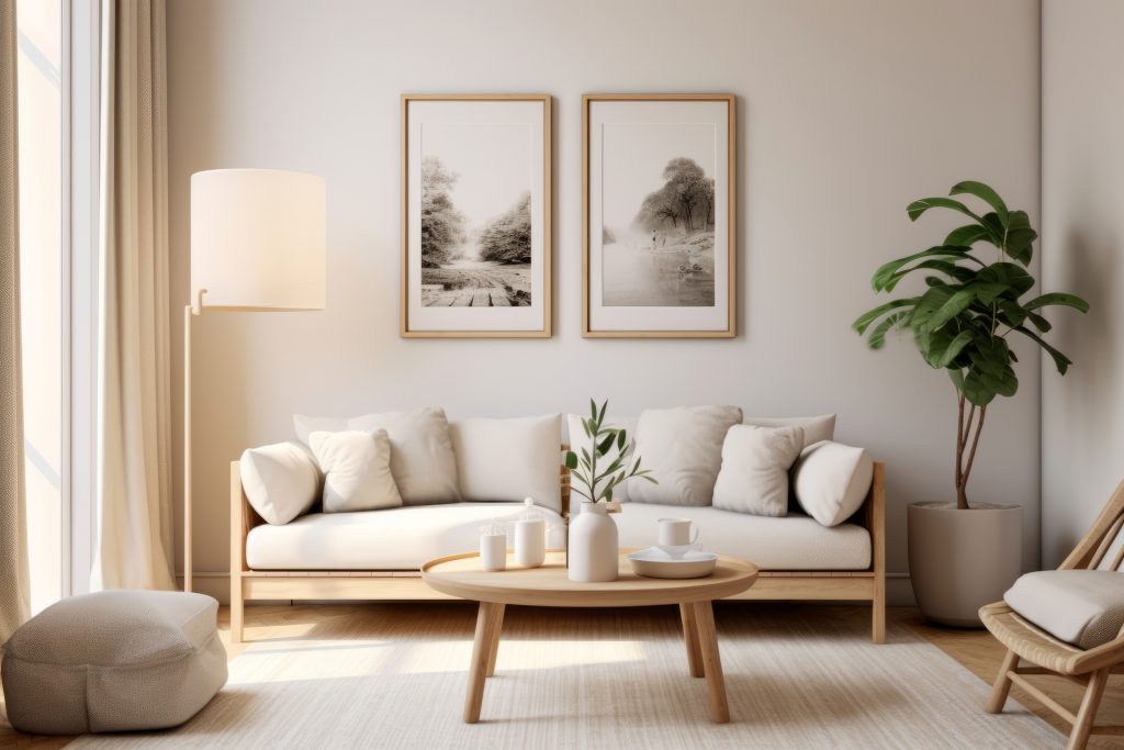 sala de estar decorada com móveis com cores neutras