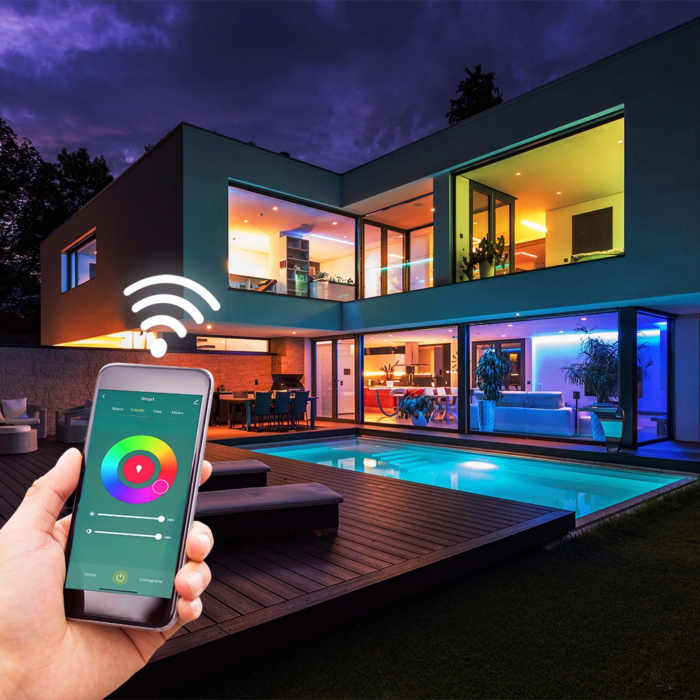 imagem de uma casa conectada com luzes controladas por smartphone