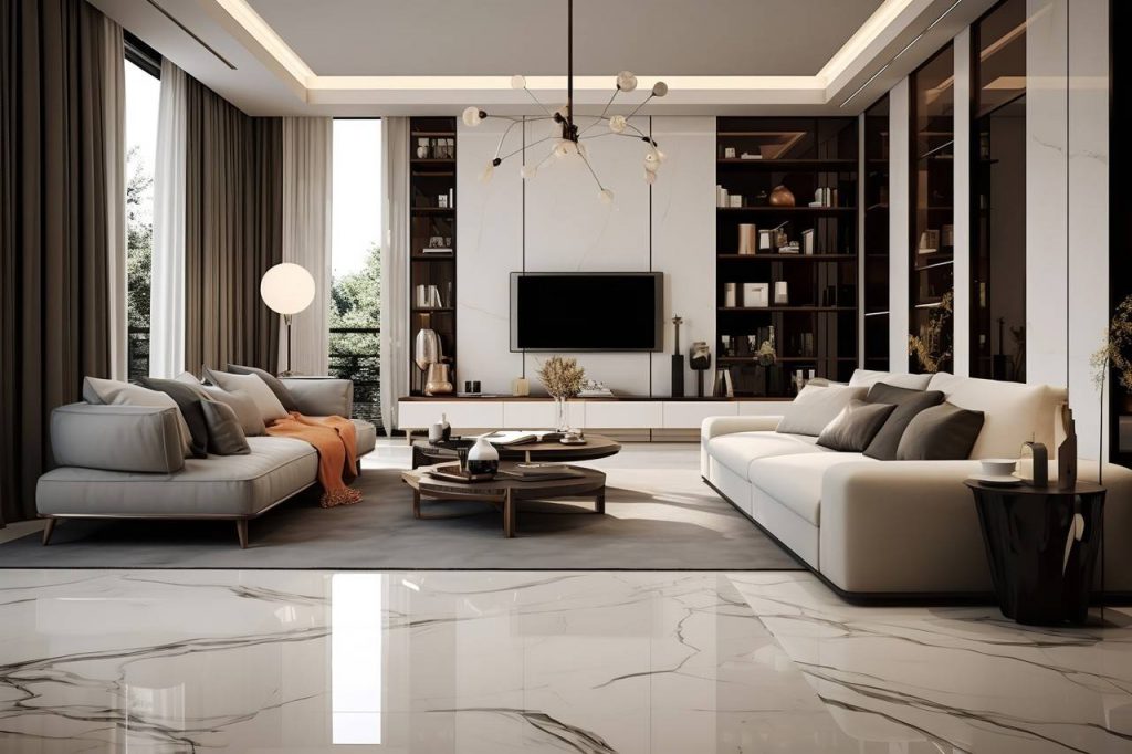 Sala de estar ampla com sofá, poltronas e armários com porcelanato polido branco marmorizado na cor preta