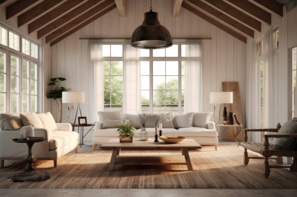 Sala de estar com decoração farmhouse utilizando cores neutras e tons marrons e madeira