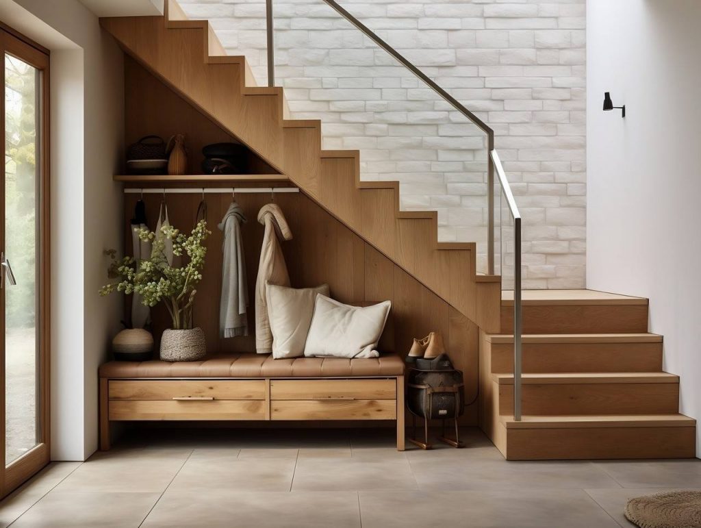 Escada de madeira em formato em L construída de madeira é um dos tipos de escadas
