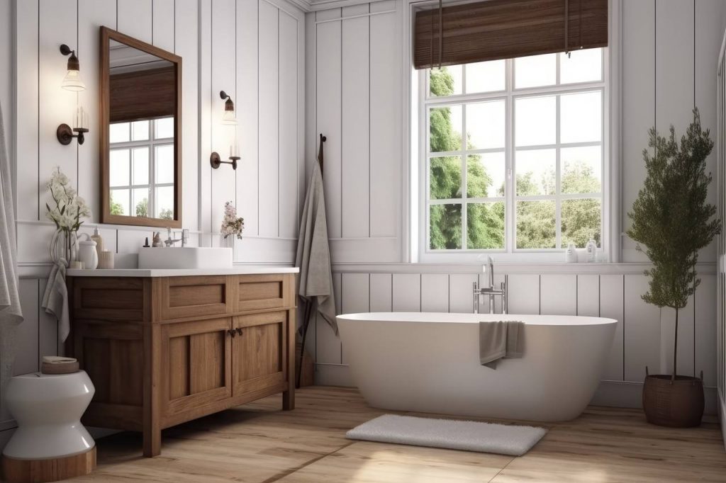 Imagem de um banheiro com decoração rústica estilo farmhouse