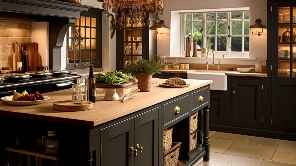 Cozinha com decoração estilo farmhouse com móveis rústicos e modernos na cor preta