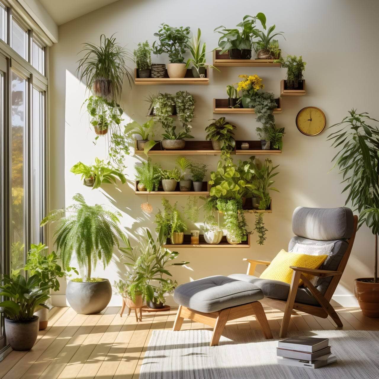 ambiente interno com poltrona, tapete, livros no chão, vaso com plantas e jardim vertical fixado na parede