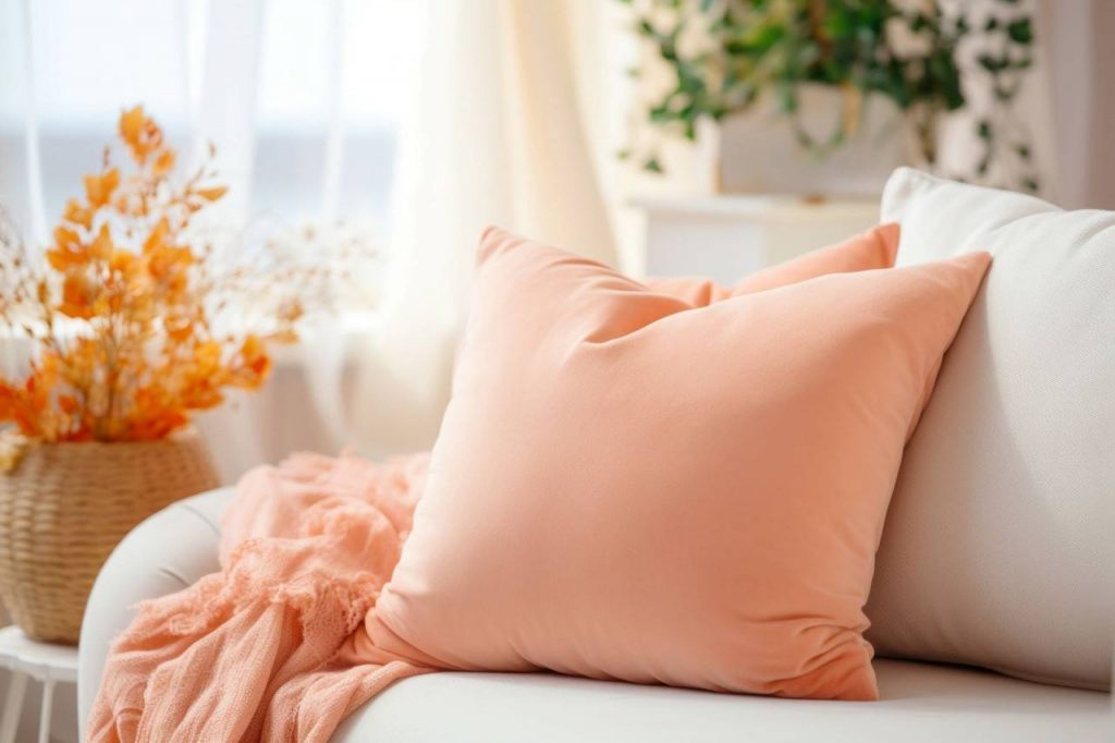 Almofada decorativa na cor pantone em sofá de estofado branco