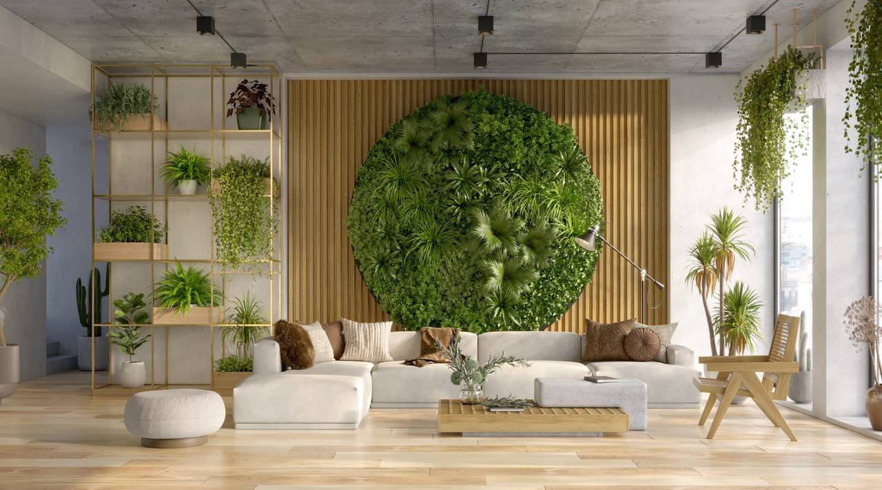Sala decorada com sofás brancos, mesa de centro, parede com painel de madeira e plantas