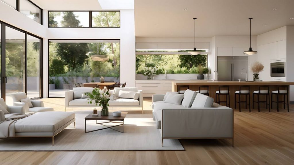 ambiente interno de conceito aberto, com sala de star com sofás no tom branco, tapete, mesa de centro, ao fundo cozinha com balcão e cadeiras