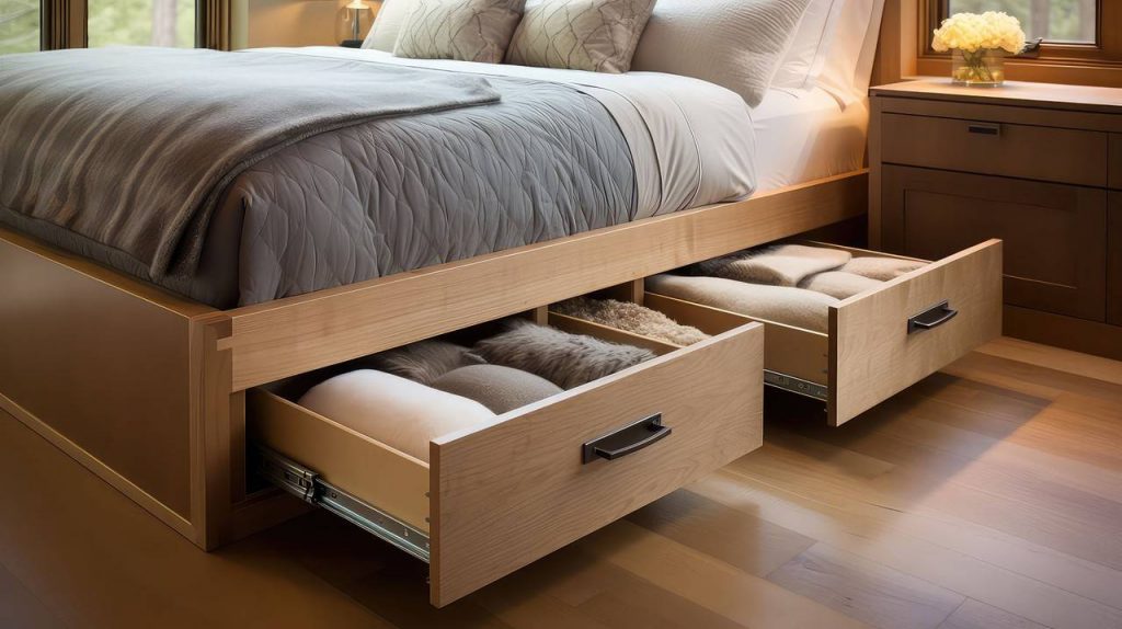 Dormitório com cama de casal com colha e almofadas no tom cinza, duas gavetas abertas são tendências para arquitetura
