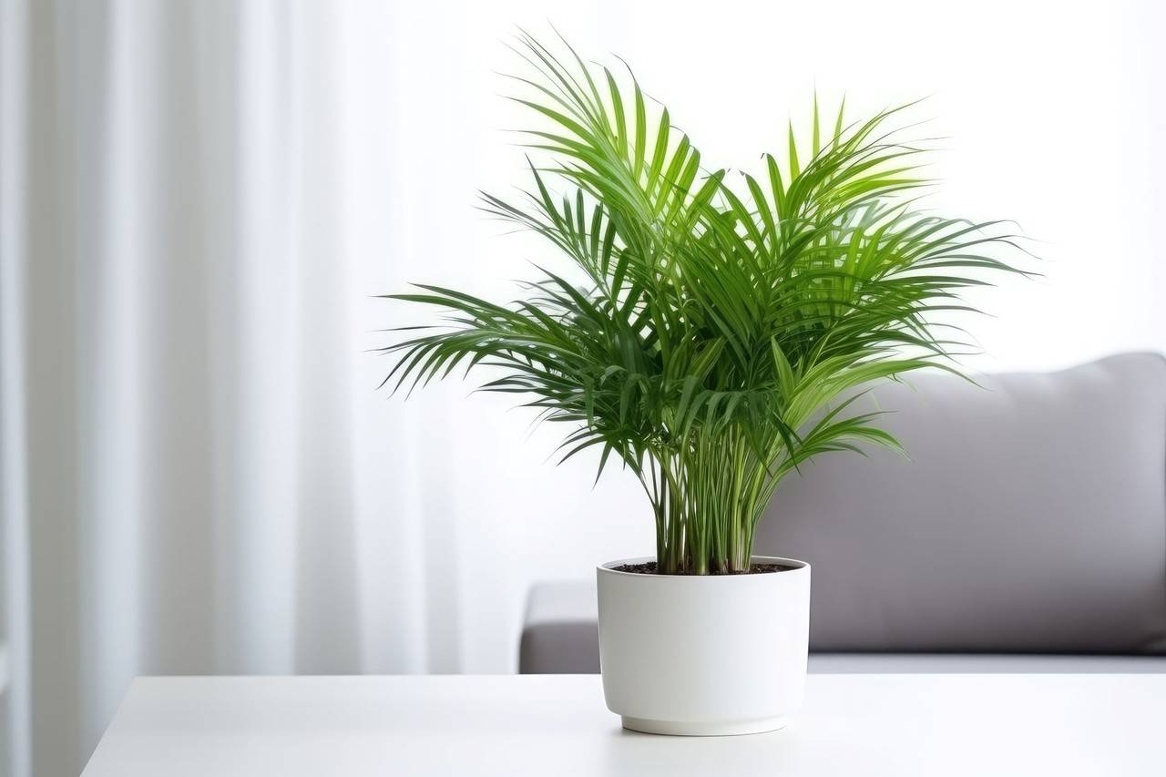 Planta areca bambu em vaso branco em cima de mesa