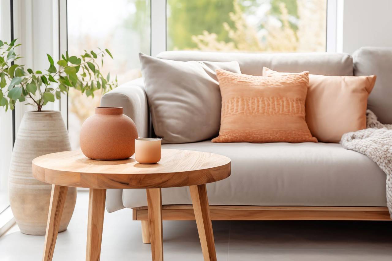 Sofá no tom cinza com almofadas, mesa de centro em madeira com vasos