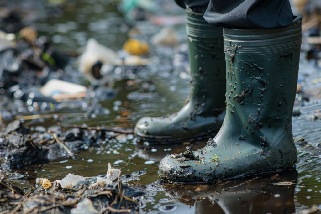 pessoa utilizando galocha, ou bota de borracha, com os pés na água antes da limpeza da casa após enchente