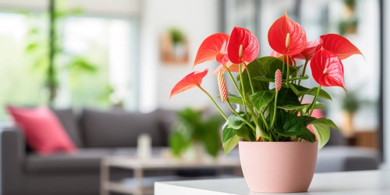 Planta antúrio em vaso na cor rosè em cima de mesa em sala