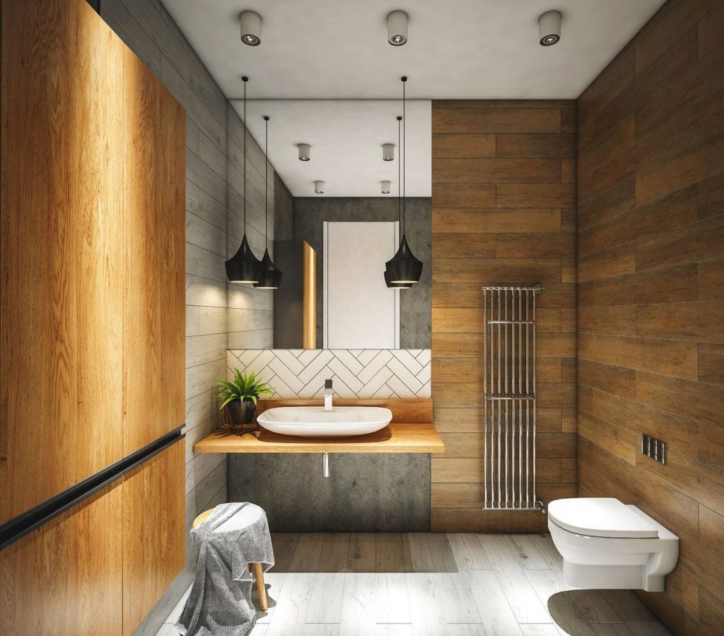 banheiro de estilo rústico com acabamento em madeira