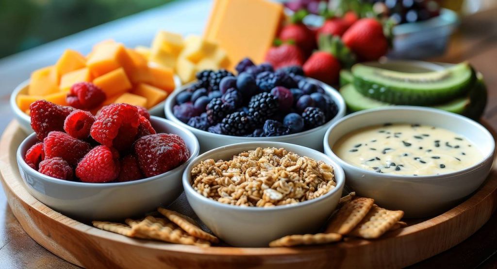 Tábua com várias petisqueiras em porcelana branca, cada um com frutas cereais e iogurte