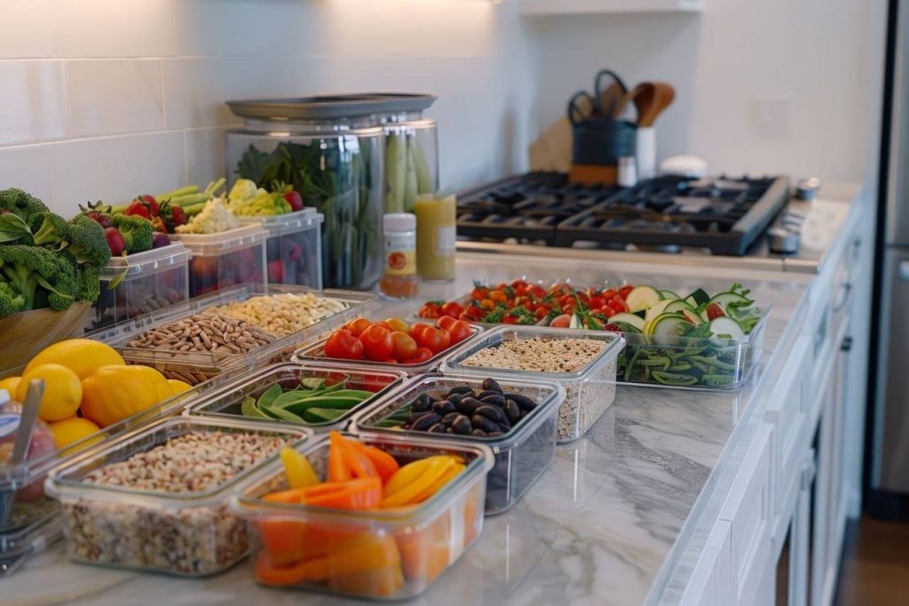 Potes de plástico em cima de mesa com vários alimentos dentro e separados